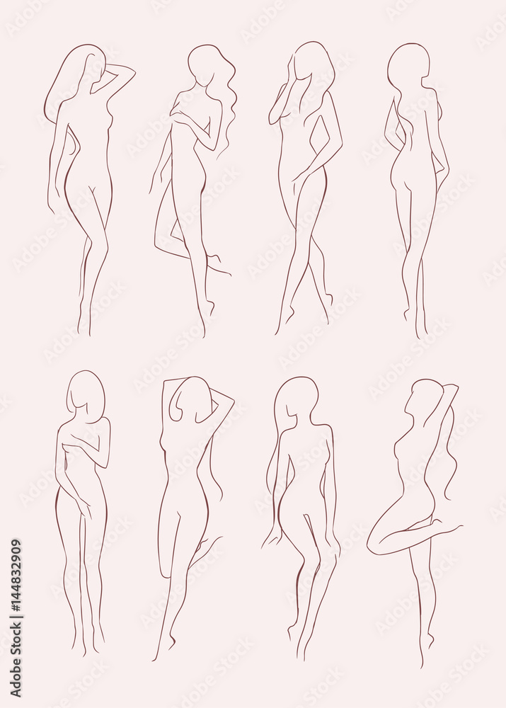 Set of various nude woman silhouette. Beautiful long-haired girl in different poses. Hand drawn vector illustration collection.