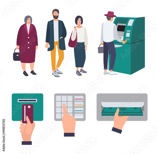 People queue near ATM. Operations Insert credit card, enter pin code, receiving money. Set of colorful images in flat style.