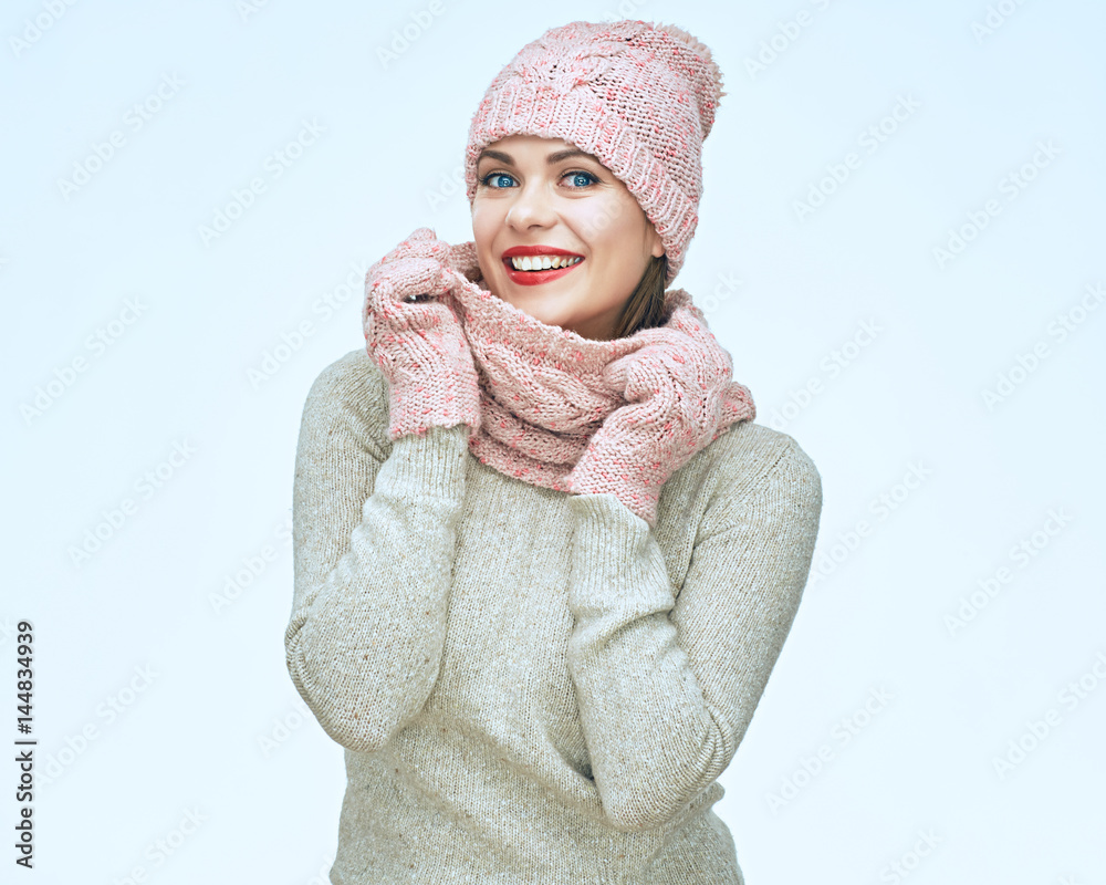 Happy smiling woman wearing winter warm clothes isolated portrait Happy smiling woman wearing winter warm clothes isolated portrait