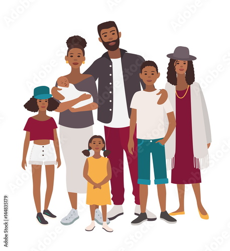 Large family portrait. African mother, father and five children. Happy people with relatives. Colorful flat illustration.
