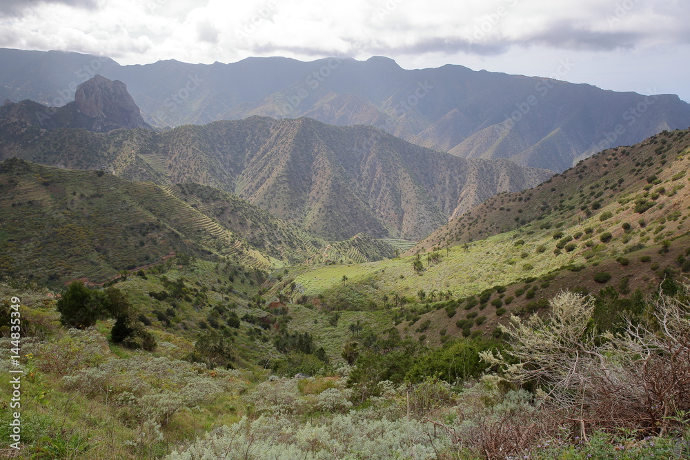 LA GOMERA, SPAIN: Mountainous and green landscape with terraced fields between Agulo and Vallehermoso LA GOMERA, SPAIN: Mountainous and green landscape with terraced fields between Agulo and Vallehermoso