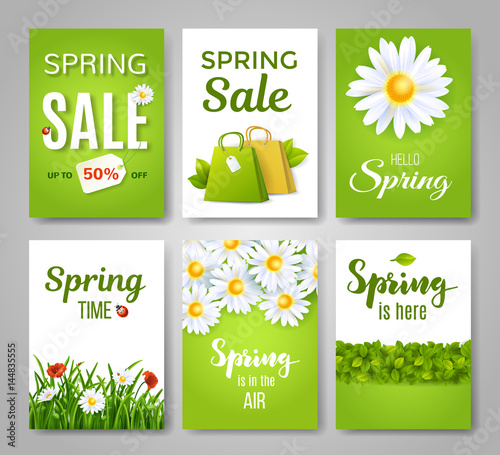 Spring card set with spring quotes, flowers and green grass. Perfect for greeting cards, sale badges, banners, poster, cover, tag, invitation. Vector illustration.