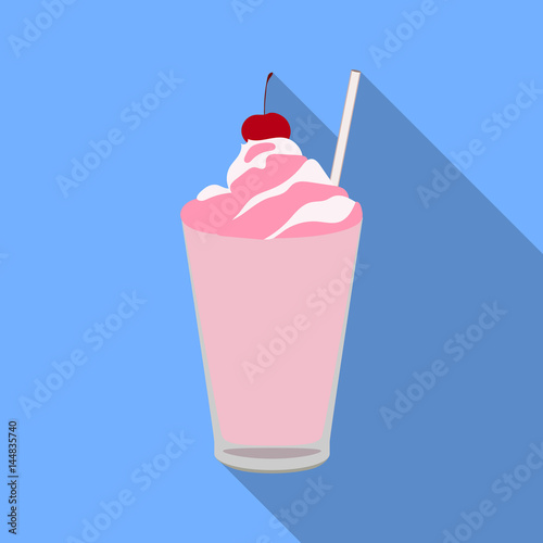 Milkshake with cherry on the top icon in flat style isolated on white background. Milk product and sweet symbol stock vector illustration.