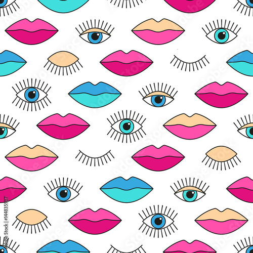 Stylish 80s seamless pattern with eyes and lips