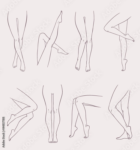 Set of various female legs. Hand drawn outline woman foot in different poses. Black and white vector illustration collection.