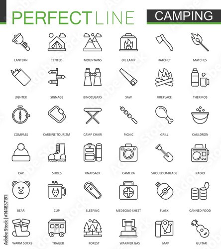 Summer outdoor camping thin line web icons set.