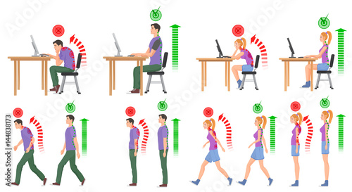 Man and woman in correct and wrong positions for spine. Vector illustration.