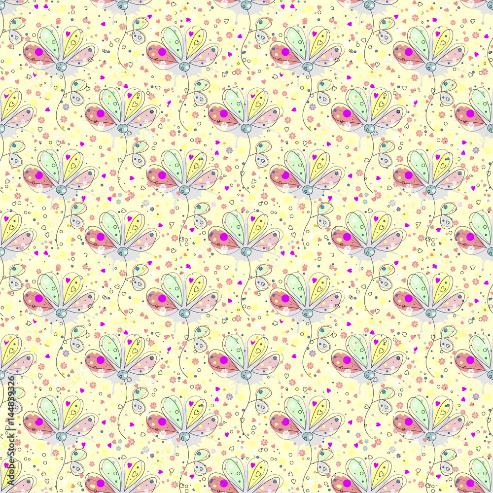 Fototapeta premium Vector seamless floral pattern Hand drawn outline decorative endless background with cute drawn flowers, decorative elements Graphic illustration. Line drawing. Print for wrapping, background, decor