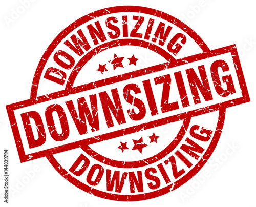 downsizing round red grunge stamp