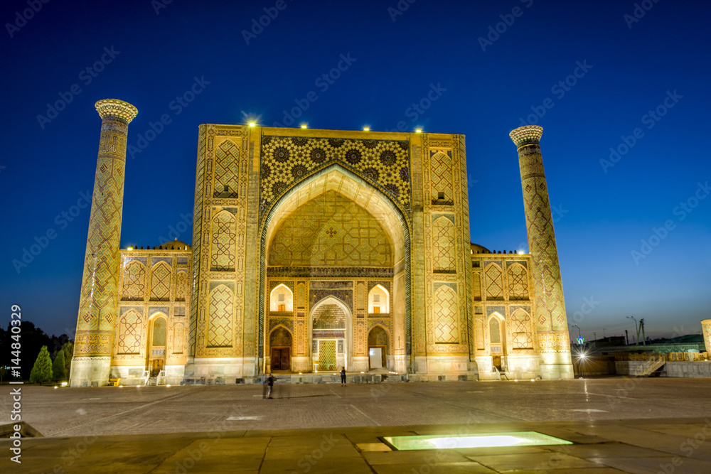Ulugh Beg Madrasah at night, Samarkand, Uzbekistan