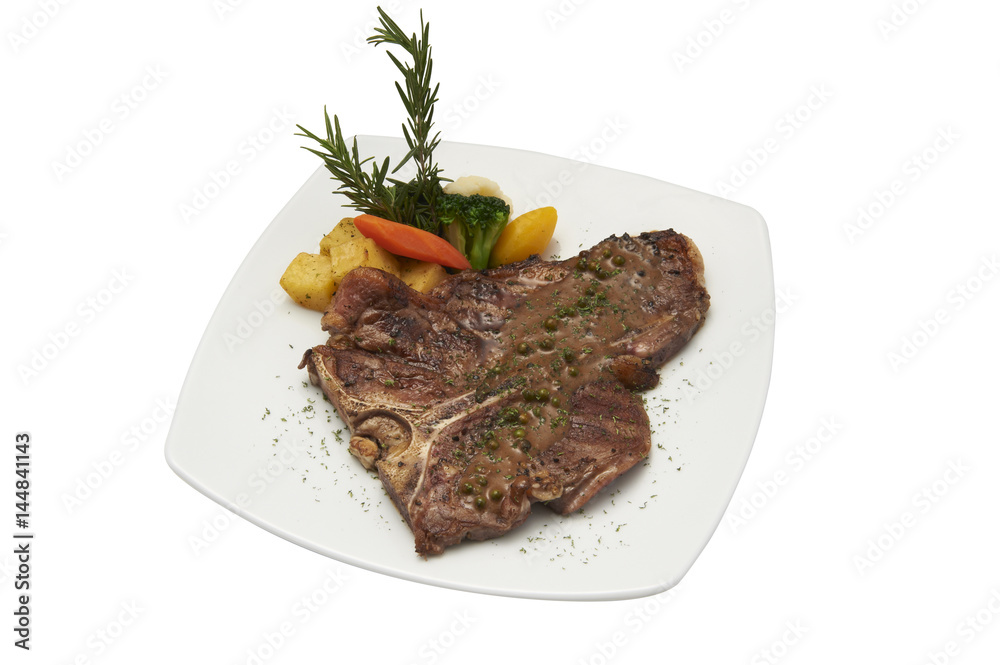 Isolated of T-bone steak with barbecue sauce.