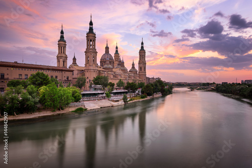 Basilica de Nuestra Senora del Pilar and Ebor River in the Evening, Zaragoza, Aragon, Spain