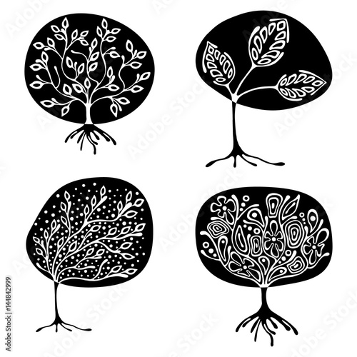 Vector set of hand drawn illustration, decorative ornamental stylized tree. Black and white graphic illustration isolated on the white background. Inc drawing silhouette Decorative artistic ornamental