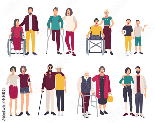Happy disabled people with friends. Cartoon flat illustrations set.