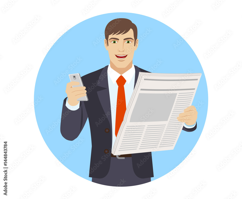 Businessman with mobile phone and newspaper Businessman with mobile phone and newspaper