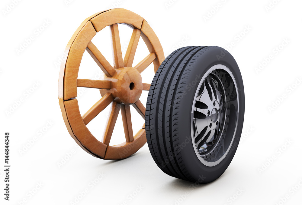 old wooden wheel and a modern car, the idea of development and improvement. 3D rendering on white background.