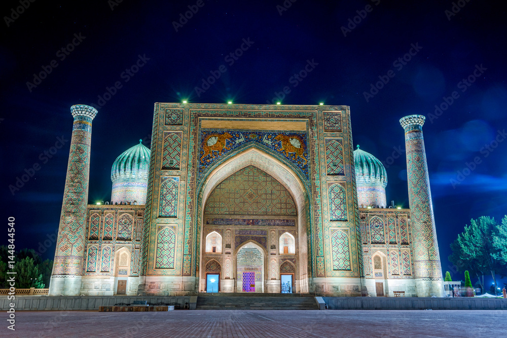 Sher-Dor Madrasah at night, Samarkand, Uzbekistan