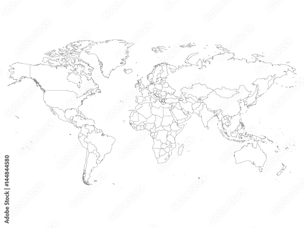 Obraz premium World map with country borders, thin black outline on white background. Simple high detail line vector wireframe.