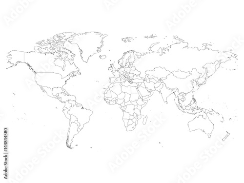 World map with country borders, thin black outline on white background. Simple high detail line vector wireframe.