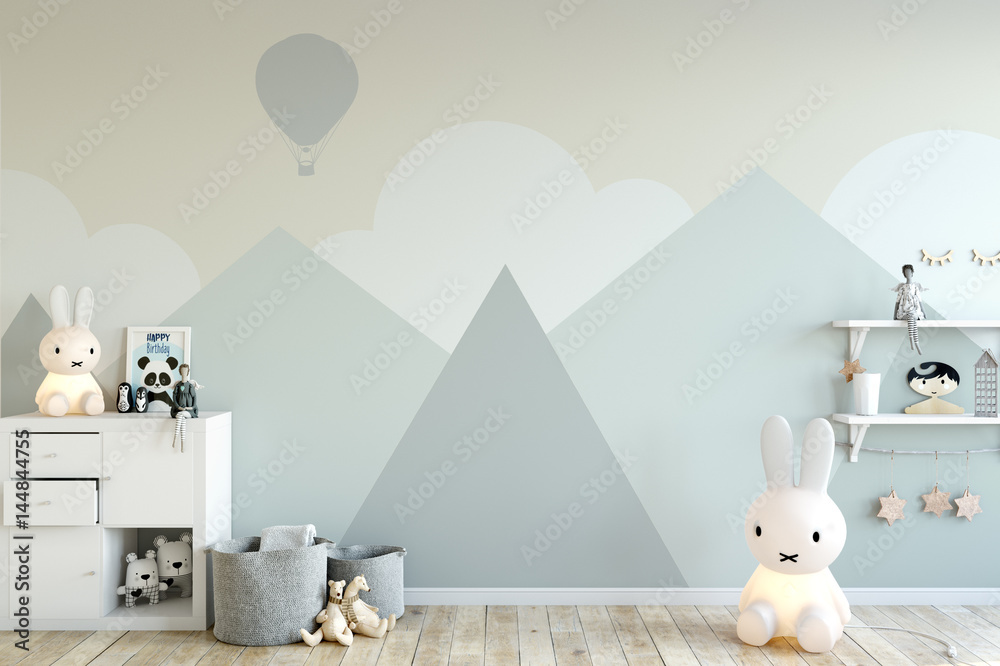 mock up wall in child room interior. Interior scandinavian style. 3d rendering, 3d illustration - obrazy, fototapety, plakaty 