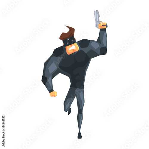 Secret Service Male Agent Running With Gun. Handsome Muscly Professional Man Asset In Fancy Suit And On Duty