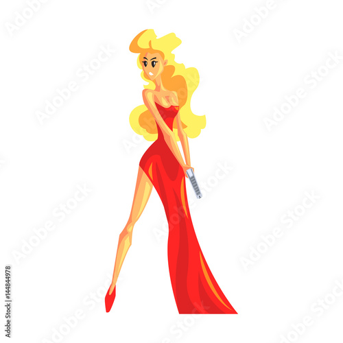 Secret Service Female Agent Undercover In Red Dress. Sexy Blond Woman Professional Asset On Duty.
