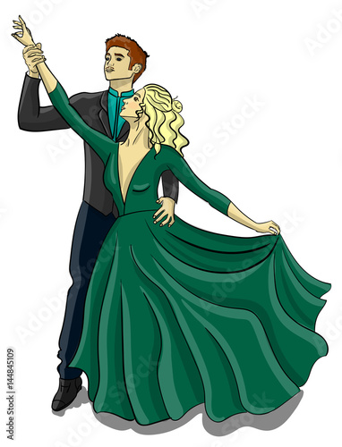 A guy in a tuxedo and a girl in a puffy blue-green dress are dancing a waltz eps 10 illustration