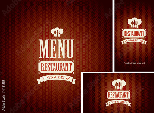 Set of design elements for a cafe or restaurant from the menu and business cards with chefs hat and flatware on dark red background