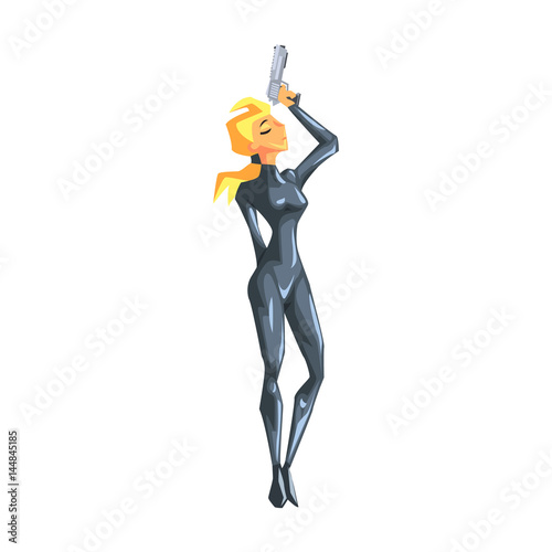 Secret Service Female Agent Posing With Gun In Cat Suit. Sexy Blond Woman Professional Asset On Duty.