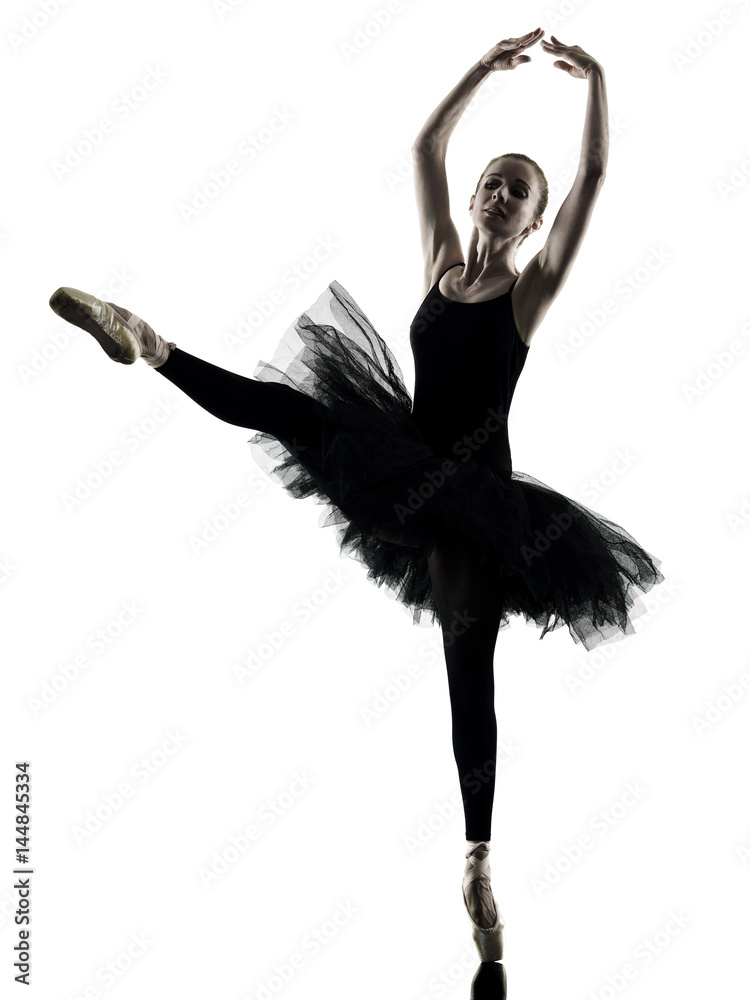 Obraz premium one caucasian woman Ballerina dancer dancing isolated on white background in silhouette