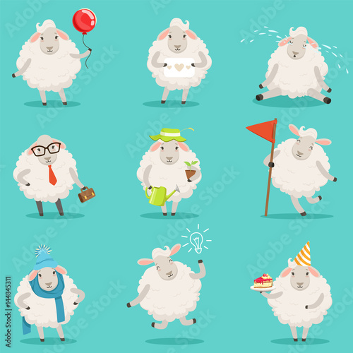 Funny cute little sheep cartoon characters set for label design. Colorful detailed vector Illustrations isolated on white background