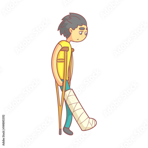 Unhappy young man with dark hair on crutches with broken leg. Colorful cartoon character