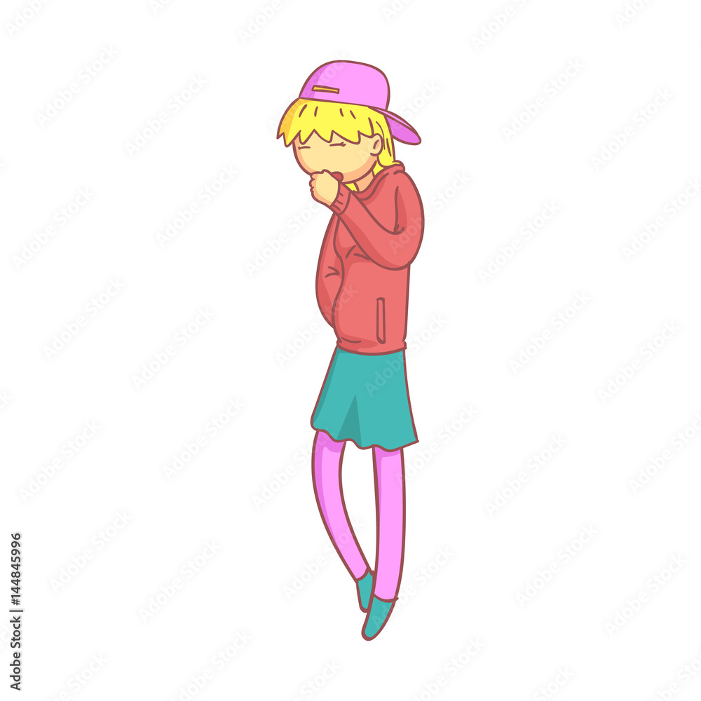 Blond girl coughing with fist in front of mouth. Colorful cartoon character Blond girl coughing with fist in front of mouth. Colorful cartoon character