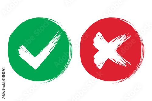 Tick and cross brush signs. Green checkmark OK and red X icons, isolated on white background. Simple marks graphic design. Symbols YES and NO button for vote, decision, web. Vector illustration