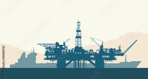 Sea offshore oil drilling rig and tanker silhouettes. Detail vector illustration. photo