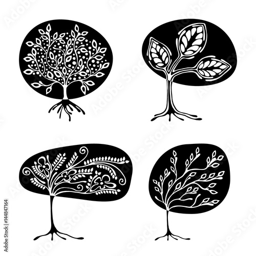 Vector set of hand drawn illustration, decorative ornamental stylized tree. Black and white graphic illustration isolated on the white background. Inc drawing silhouette Decorative artistic ornamental