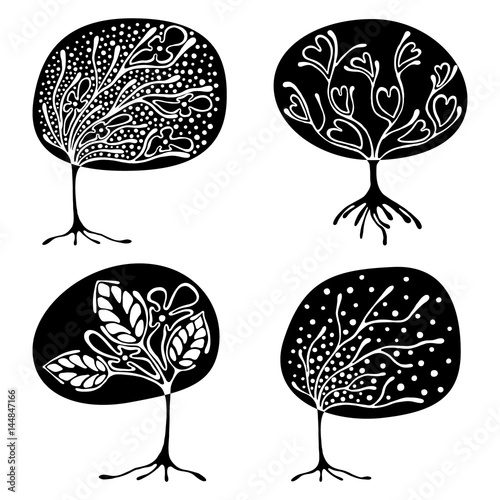Vector set of hand drawn illustration, decorative ornamental stylized tree. Black and white graphic illustration isolated on the white background. Inc drawing silhouette Decorative artistic ornamental