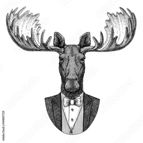 Moose, elk Hipster animal Hand drawn illustration for tattoo, emblem, badge, logo, patch, t-shirt photo