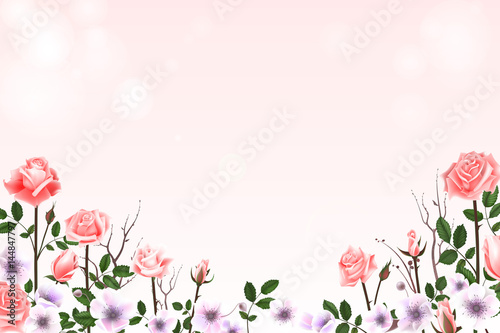 Greeting card with roses  delicate buds  flowers  branches. Can be used as invitation card for wedding  birthday and other holiday and summer background. Vector illustration EPS10