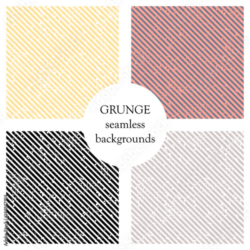 Set of seamless vector patterns. Geometric striped backgrounds with diagonal lines. Grunge texture with attrition, cracks and ambrosia. Old style vintage design. Graphic illustration.