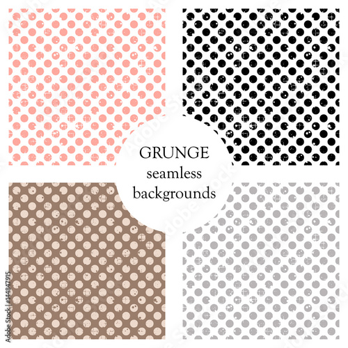 Set of seamless vector patterns. Geometric polka backgrounds with dots. Grunge texture with attrition, cracks and ambrosia. Old style vintage design. Graphic illustration.