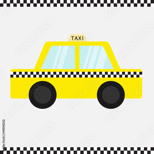 Taxi car cab icon. Cartoon transportation collection. Yellow taxicab. Checker line frame, light sign. New York symbol. Isolated. White background.