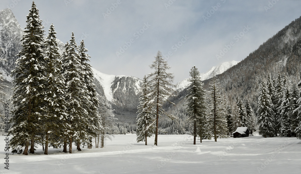 Fototapeta premium beautiful winter landscape at Antholz Lake, Italian Alps, South Tirol, Italy.