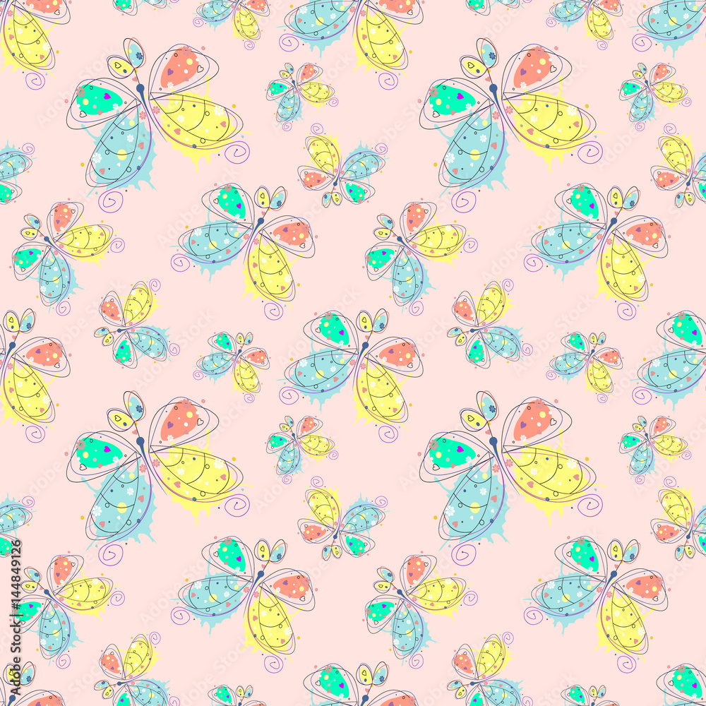 Vector seamless pattern with insect Hand drawn outline decorative endless background with cute drawn butterfly Graphic illustration. Line drawing. Print for wrapping, background, decor