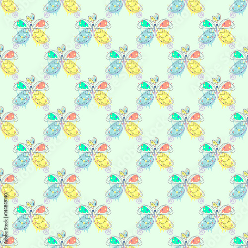 Vector seamless pattern with insect Hand drawn outline decorative endless background with cute drawn butterfly Graphic illustration. Line drawing. Print for wrapping, background, decor
