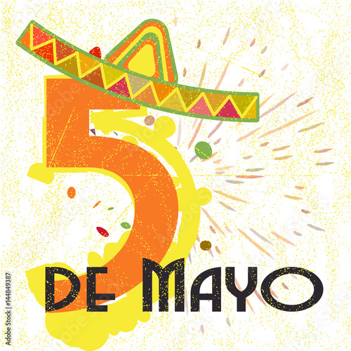 Greeting card for mexican holiday Cinco De Mayo as May 5 with stylized number 5 wearing sombrero in scattering of rays on white background. Vector illustration