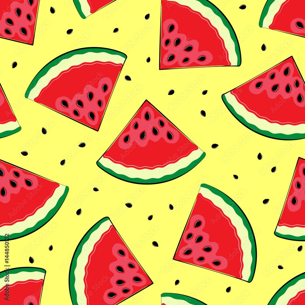 Seamless background with watermelon. Pieces of watermelon on a yellow background. Summer time. A simple pattern. Vector illustration. Seamless background with watermelon. Pieces of watermelon on a yellow background. Summer time. A simple pattern. Vector illustration.