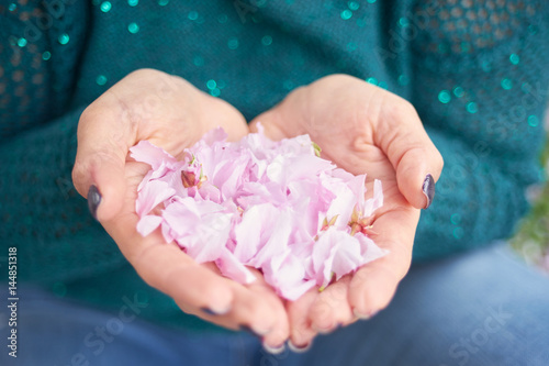 Woman hands with petals.