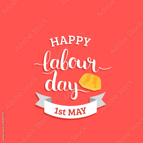 1st may lettering vector background. Happy Labour Day logo concept with helmet. International Workers day illustration.