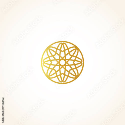 Isolated abstract round shape golden color logo, decorative luxurious gold logotype, floral pattern vector illustration on black background